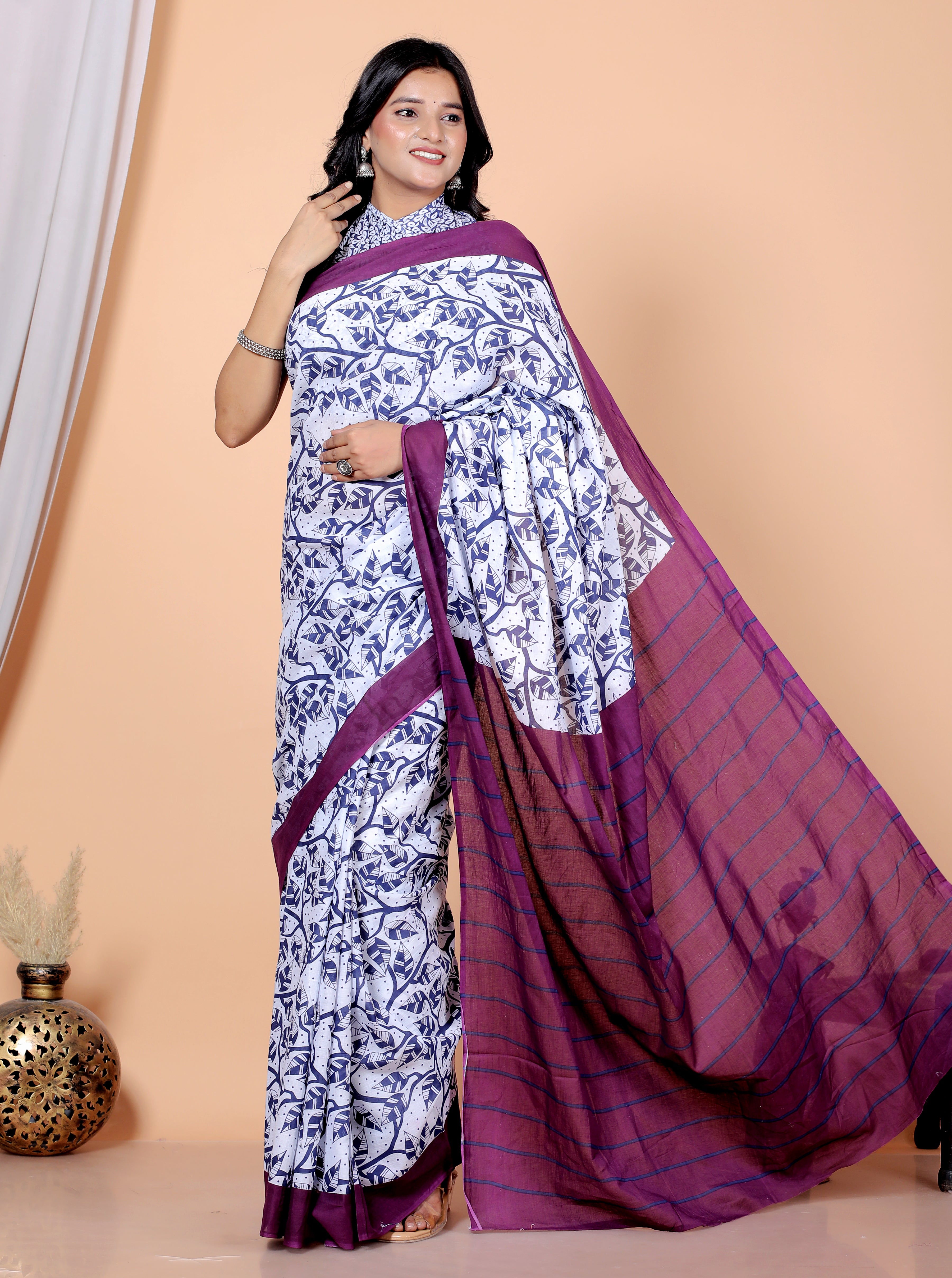 Blue and Purple Printed Saree with Border view 3
